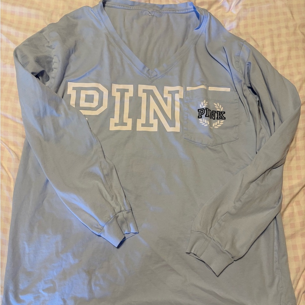PINK Victoria's Secret Light Blue V-Neck Long Sleeve Tee